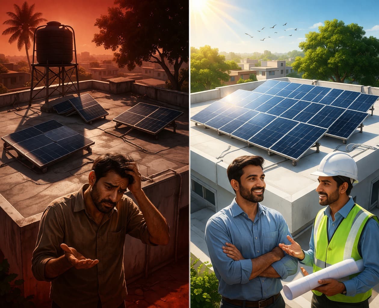 Before and after solar installation — confused homeowner vs. happy homeowner with solar installer