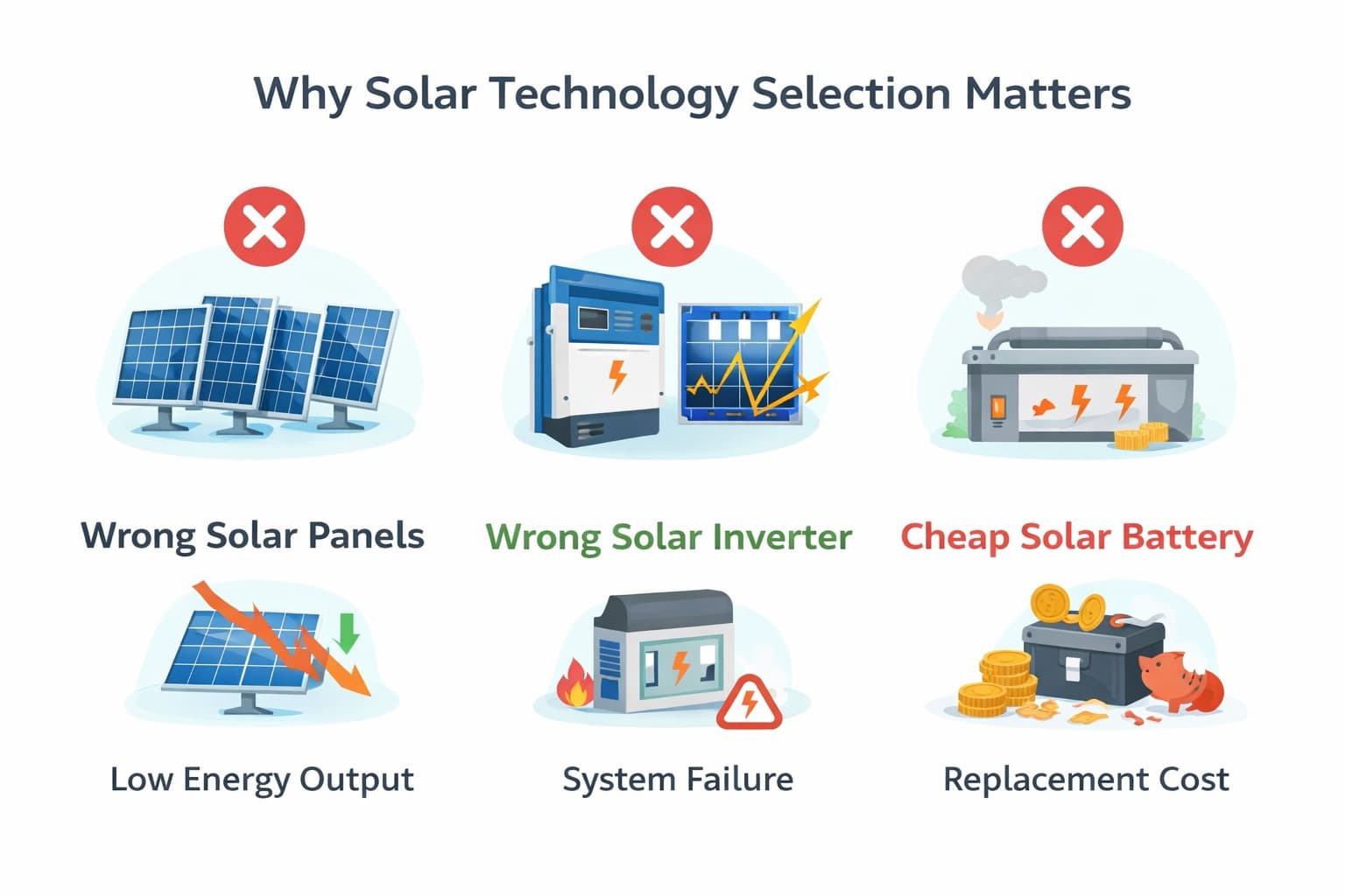 Why solar technology selection matters — wrong solar panels, wrong inverter, cheap battery lead to low energy output, system failure, replacement cost