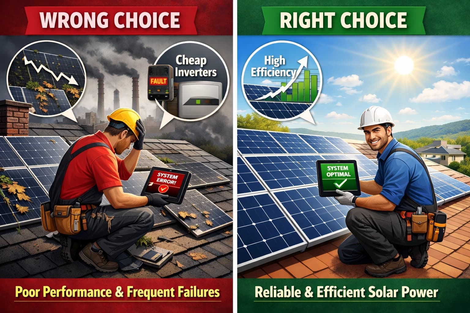 Wrong solar technology choice vs right solar technology choice — poor performance vs reliable efficient solar power