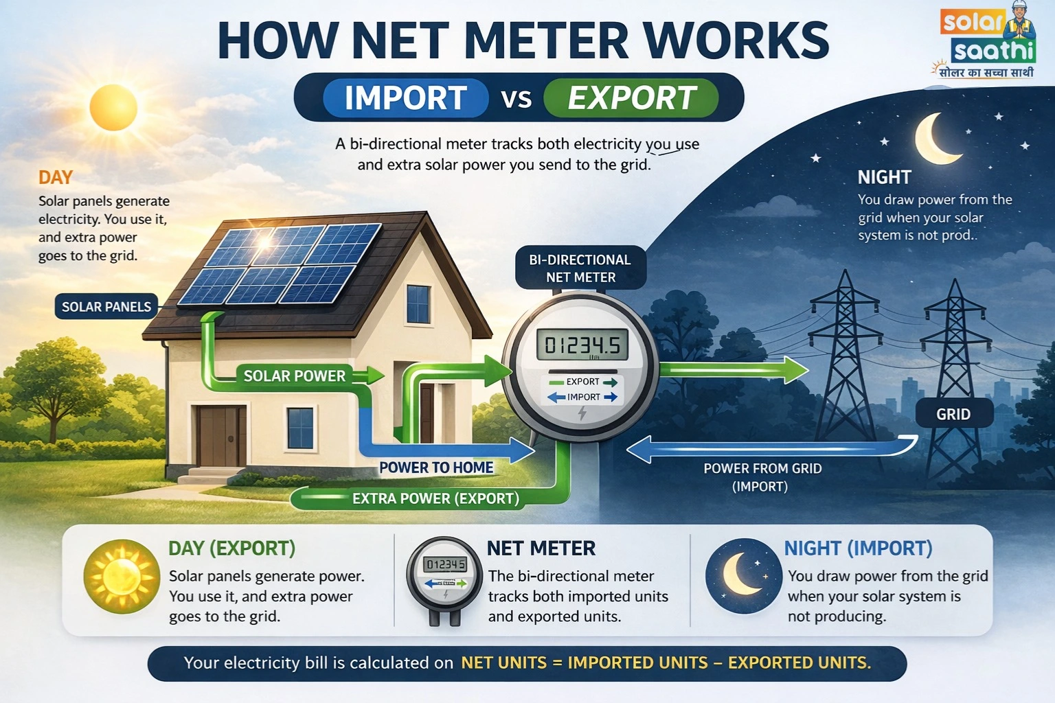 How Net Meter Works — Import vs Export, Day and Night Explained