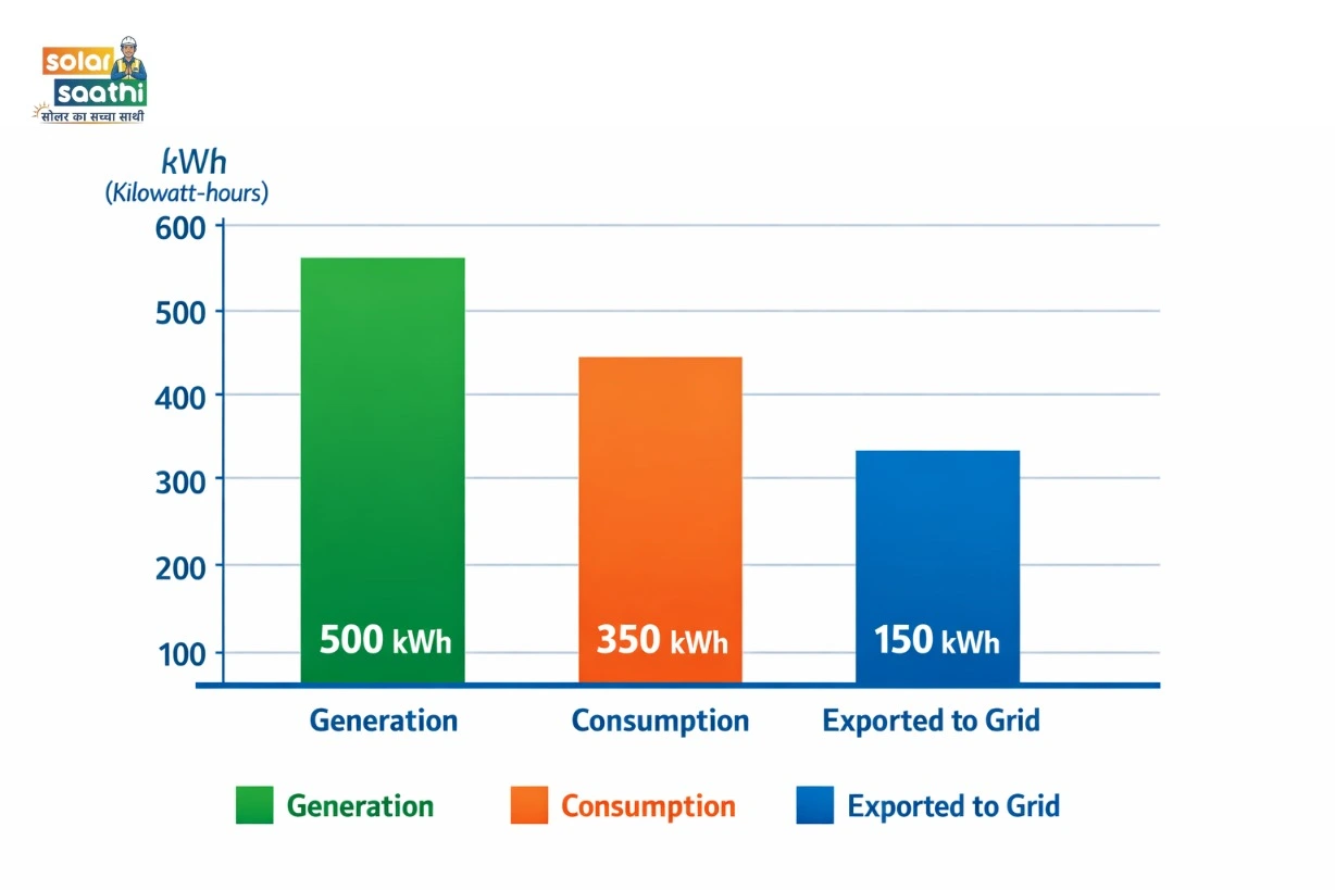 Net Metering Example — Generation 500 kWh, Consumption 350 kWh, Exported 150 kWh