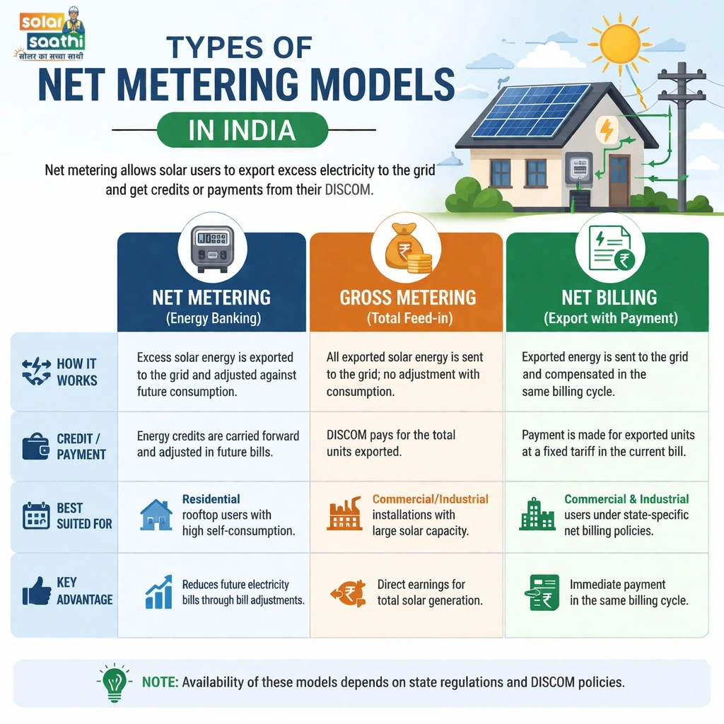 Types of Net Metering Models in India — Net Metering, Gross Metering, Net Billing