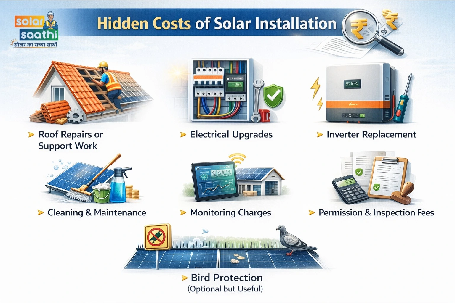 Hidden Costs of Solar Installation – Roof Repairs, Electrical Upgrades, Inverter Replacement, Cleaning, Monitoring, Permissions, Bird Protection